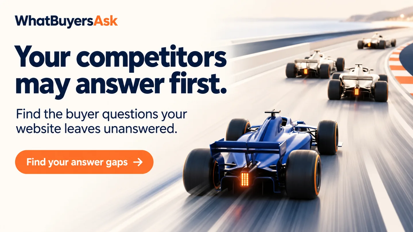 Blue racing car following competitors. Your competitors may answer first. Find the buyer questions your website leaves unanswered. Find your answer gaps.