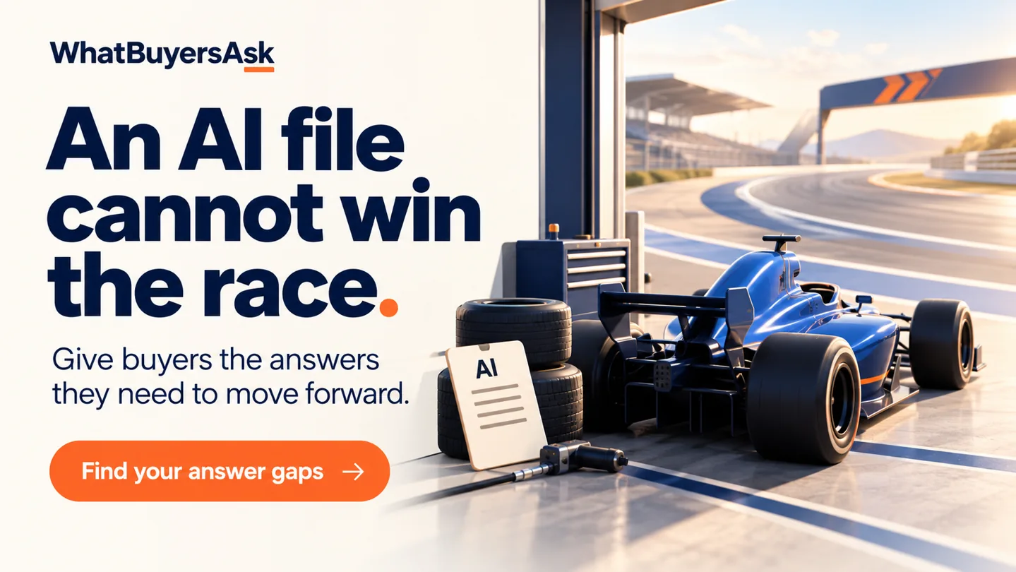 Racing cars illustrate the next step in AI search. An AI file cannot win the race. Give buyers the answers they need to move forward. Find your answer gaps.