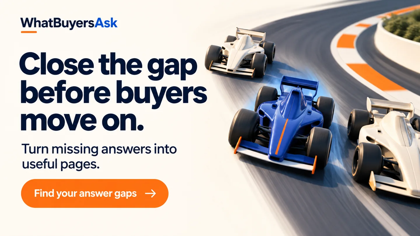 Racing cars illustrate the next step in AI search. Close the gap before buyers move on. Turn missing answers into useful pages. Find your answer gaps.