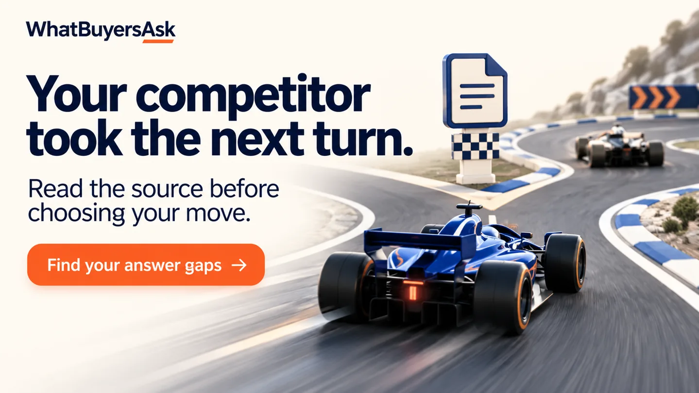 Racing cars illustrate the next step in AI search. Your competitor took the next turn. Read the source before choosing your move. Find your answer gaps.
