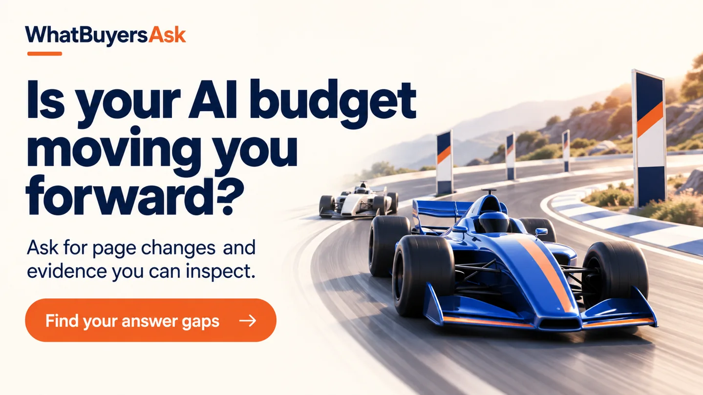 Racing cars illustrate the next step in AI search. Is your AI budget moving you forward? Ask for page changes and evidence you can inspect. Find your answer gaps.