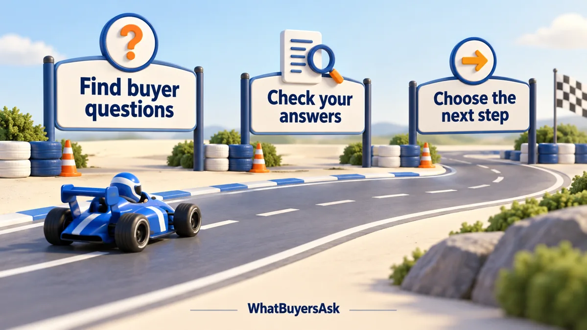 A blue racing car follows three checkpoints: Find buyer questions, Check your answers, Choose the next step. WhatBuyersAsk.
