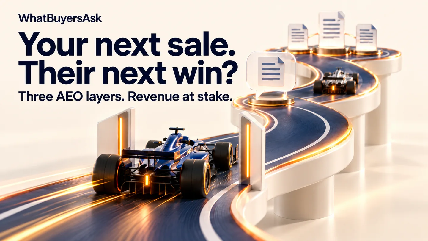 Your next sale. Their next win? Three AEO layers. Revenue at stake. Cobalt racing car climbs an access, answers and evidence circuit.