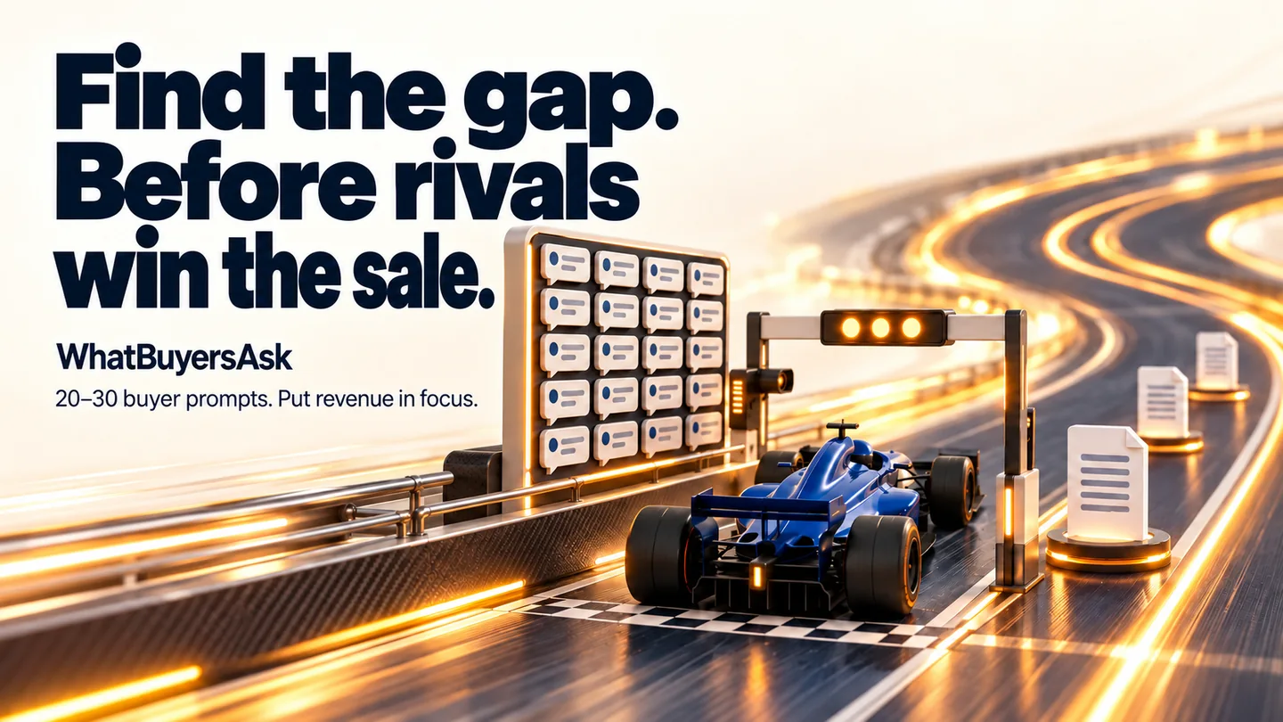 Find the gap. Before rivals win the sale. 20–30 buyer prompts. Put revenue in focus. Cobalt racing car passes a question-board timing gate.