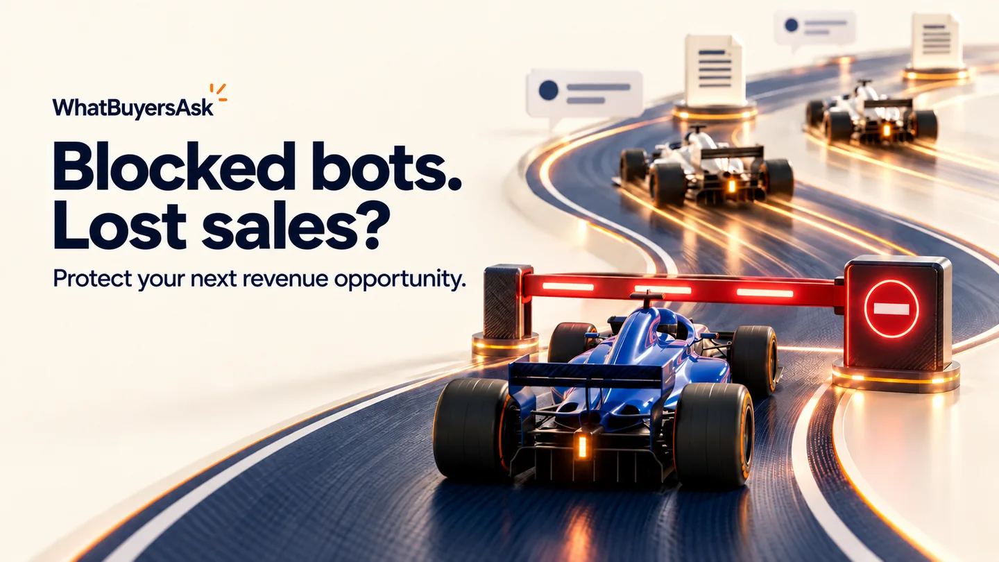Blocked bots. Lost sales? Protect your next revenue opportunity. Cobalt racing car waits at an access barrier while rivals race ahead.