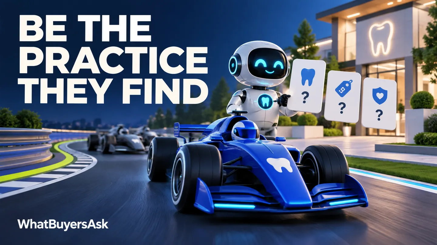 Be the practice they find. A blue racing car and an AI assistant illustrate patient questions about cost, care options and trust.