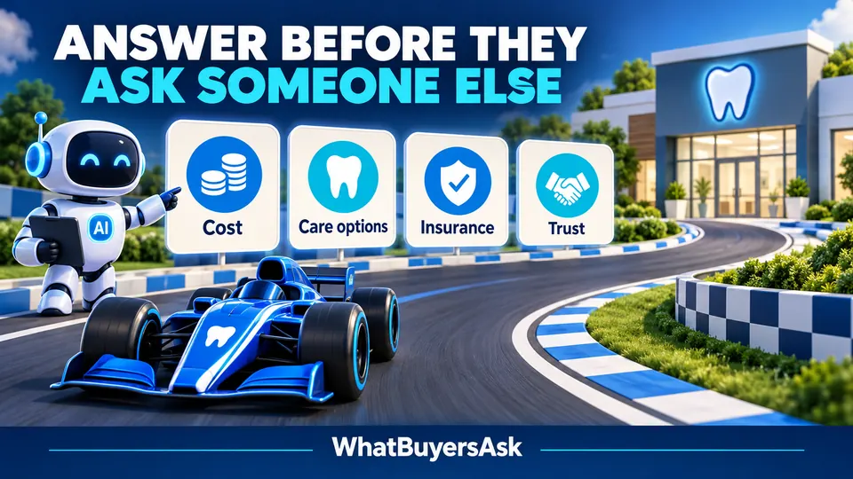 Answer before they ask someone else: cost, care options, insurance and trust. A racing circuit connects the four decisions.