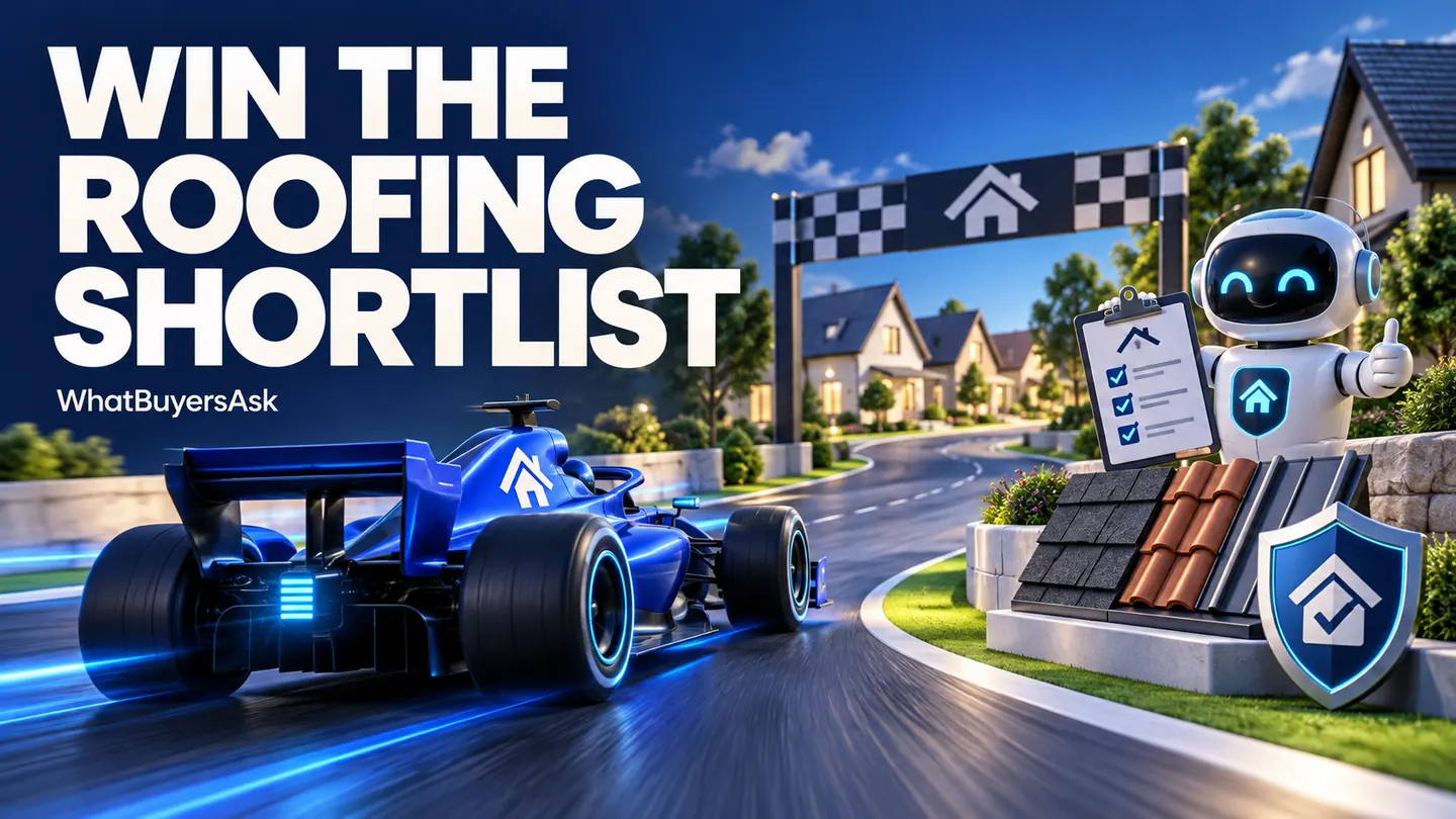 Win the roofing shortlist. A blue racing car and an AI assistant illustrate the questions behind choosing a local business.