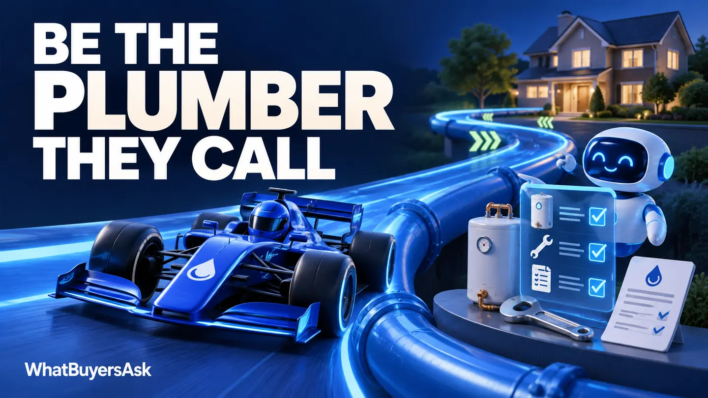 Be the plumber they call. A blue racing car and an AI assistant illustrate the questions behind choosing a local business.