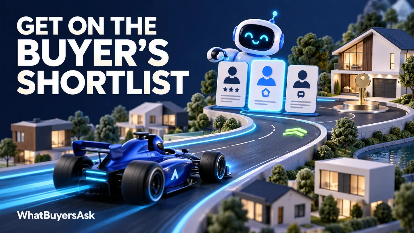 Get on the buyer’s shortlist. A blue racing car and an AI assistant illustrate the questions behind choosing a local business.