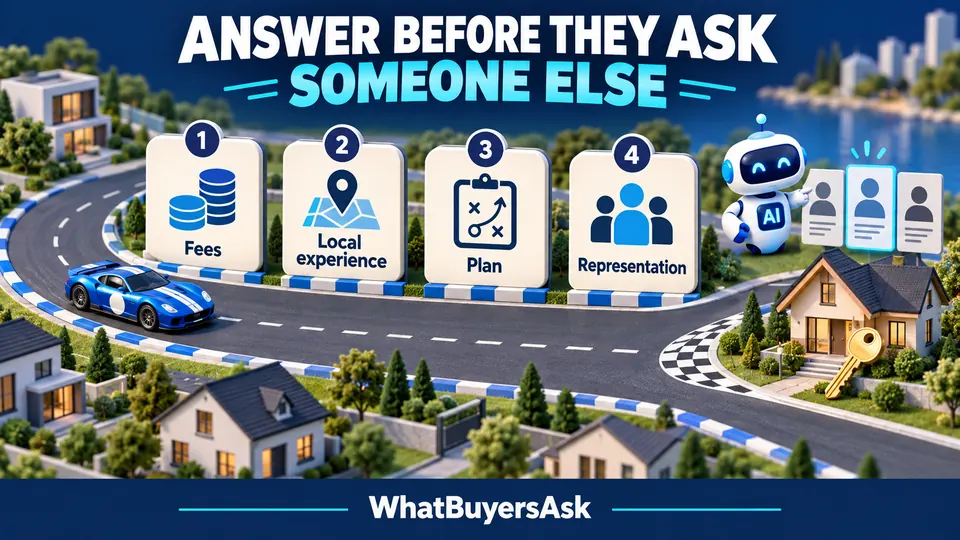 Answer before they ask someone else: fees, local experience, plan and representation. A racing circuit illustrates agent selection.