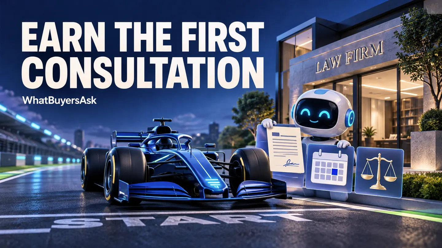 Earn the first consultation. A blue racing car and an AI assistant illustrate the questions behind choosing a local business.