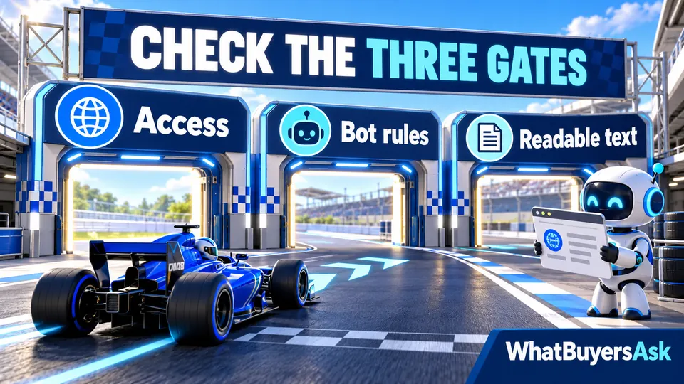 Check the three gates: Access, Bot rules, Readable text. Three racing checkpoints explain the next actions.