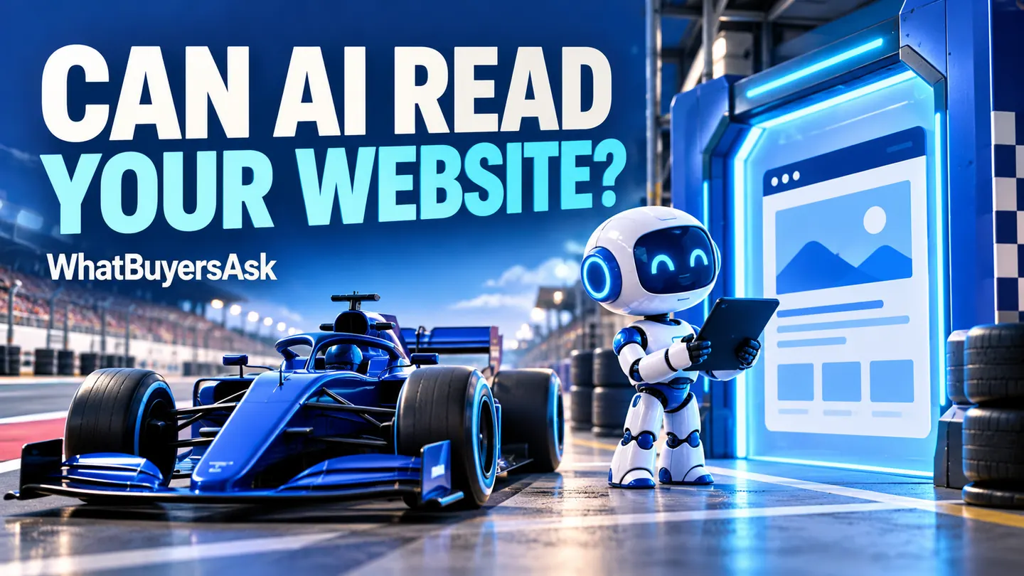 Can AI read your website? A cobalt racing car and friendly AI assistant illustrate the business decision.