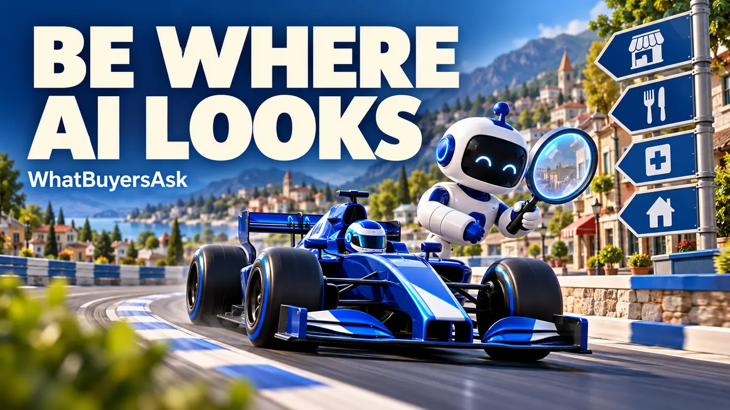 Be where AI looks. A cobalt racing car and friendly AI assistant illustrate the business decision.