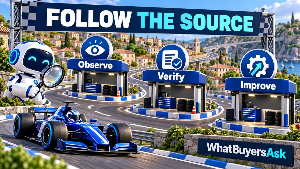 Follow the source: Observe, Verify, Improve. Three racing checkpoints explain the next actions.