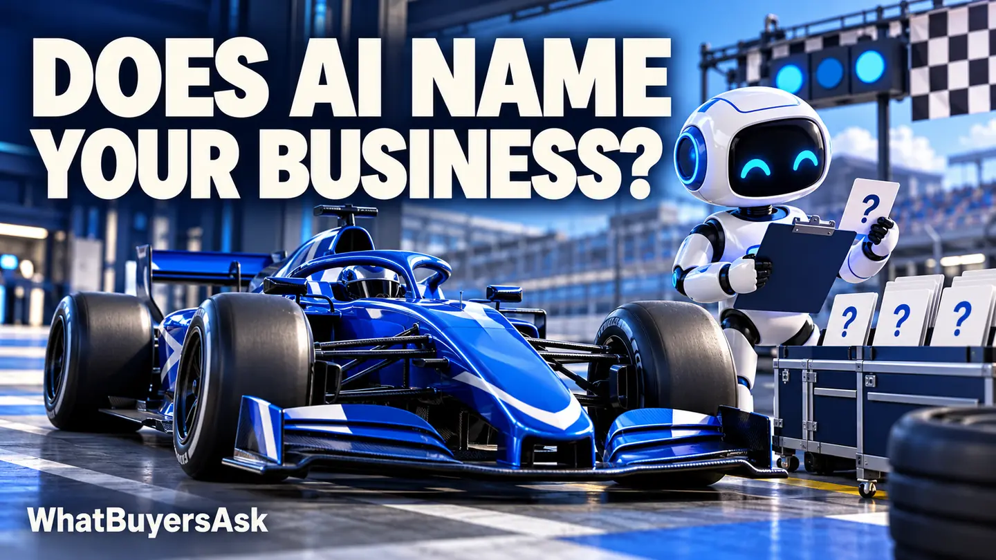 Does AI name your business? A cobalt racing car and friendly AI assistant illustrate the business decision.
