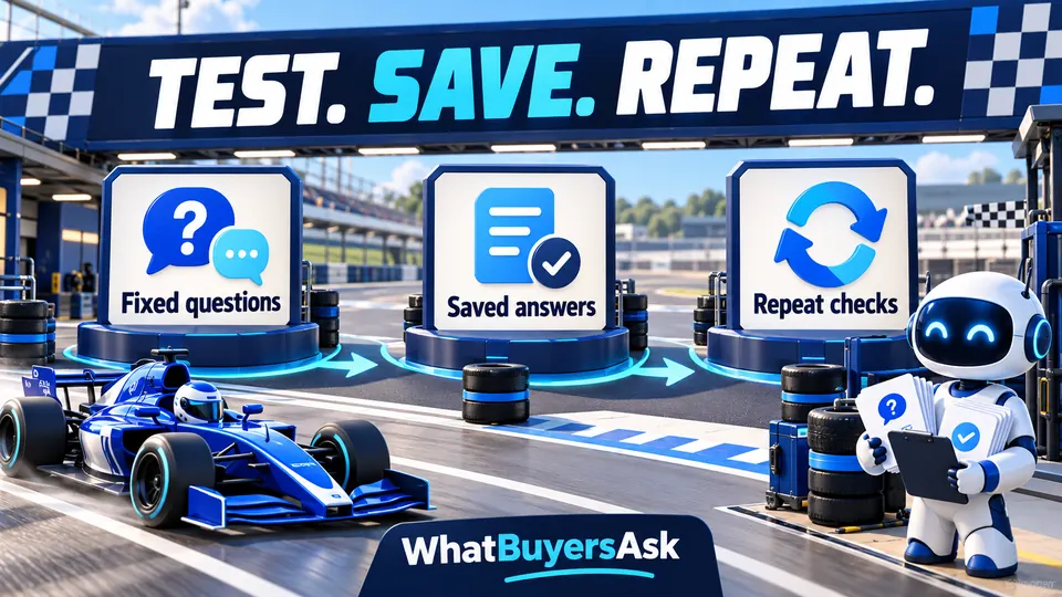 Test. save. repeat: Fixed questions, Saved answers, Repeat checks. Three racing checkpoints explain the next actions.