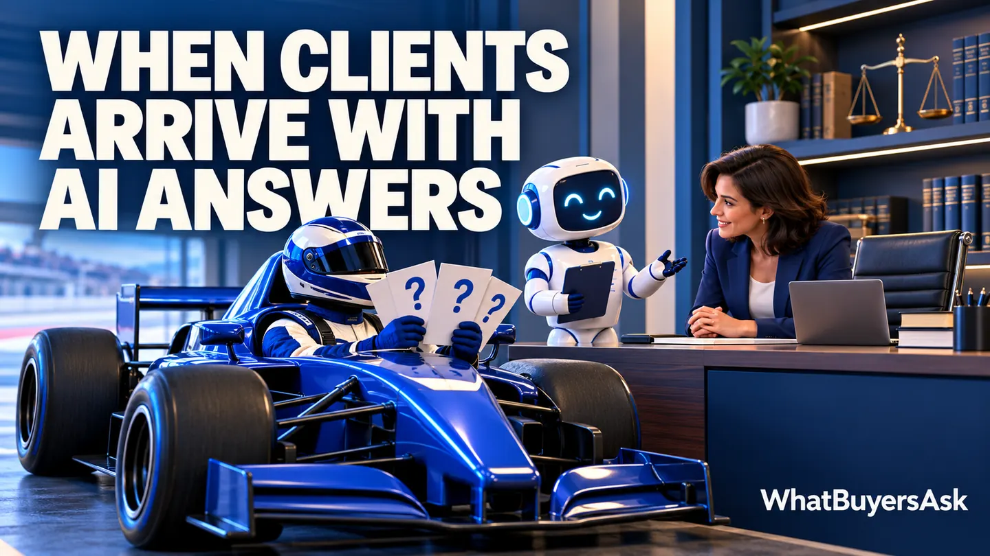 When clients arrive with AI answers. A cobalt racing car and friendly AI assistant illustrate the business decision.