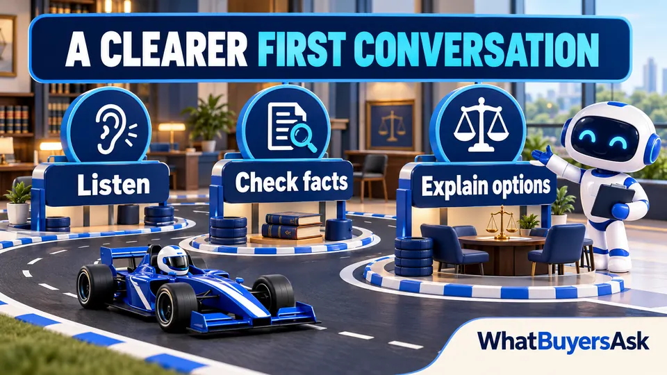 A clearer first conversation: Listen, Check facts, Explain options. Three racing checkpoints explain the next actions.