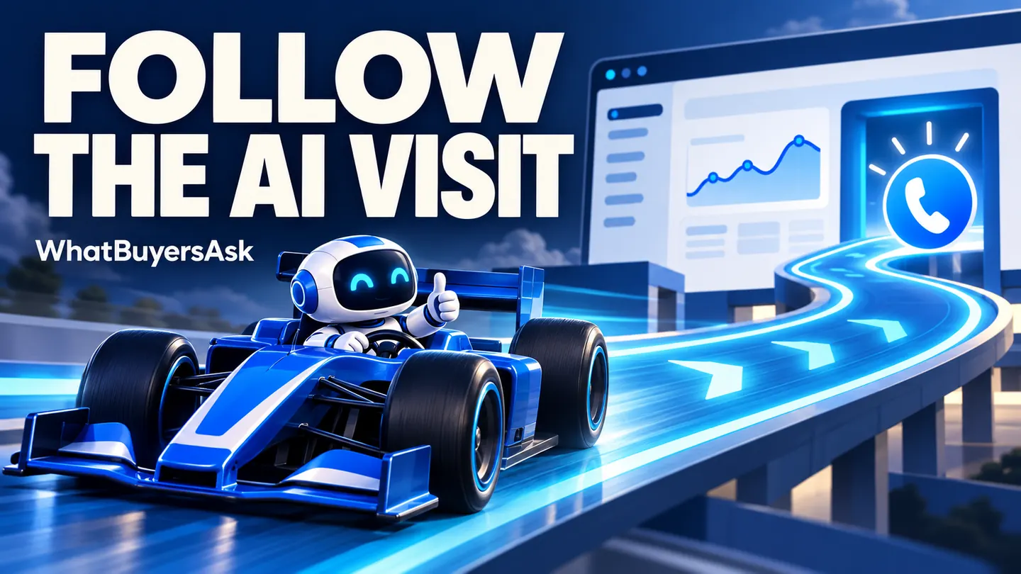 Follow the AI visit. A cobalt racing car and friendly AI assistant illustrate the business decision.