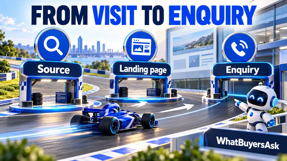 From visit to enquiry: Source, Landing page, Enquiry. Three racing checkpoints explain the next actions.