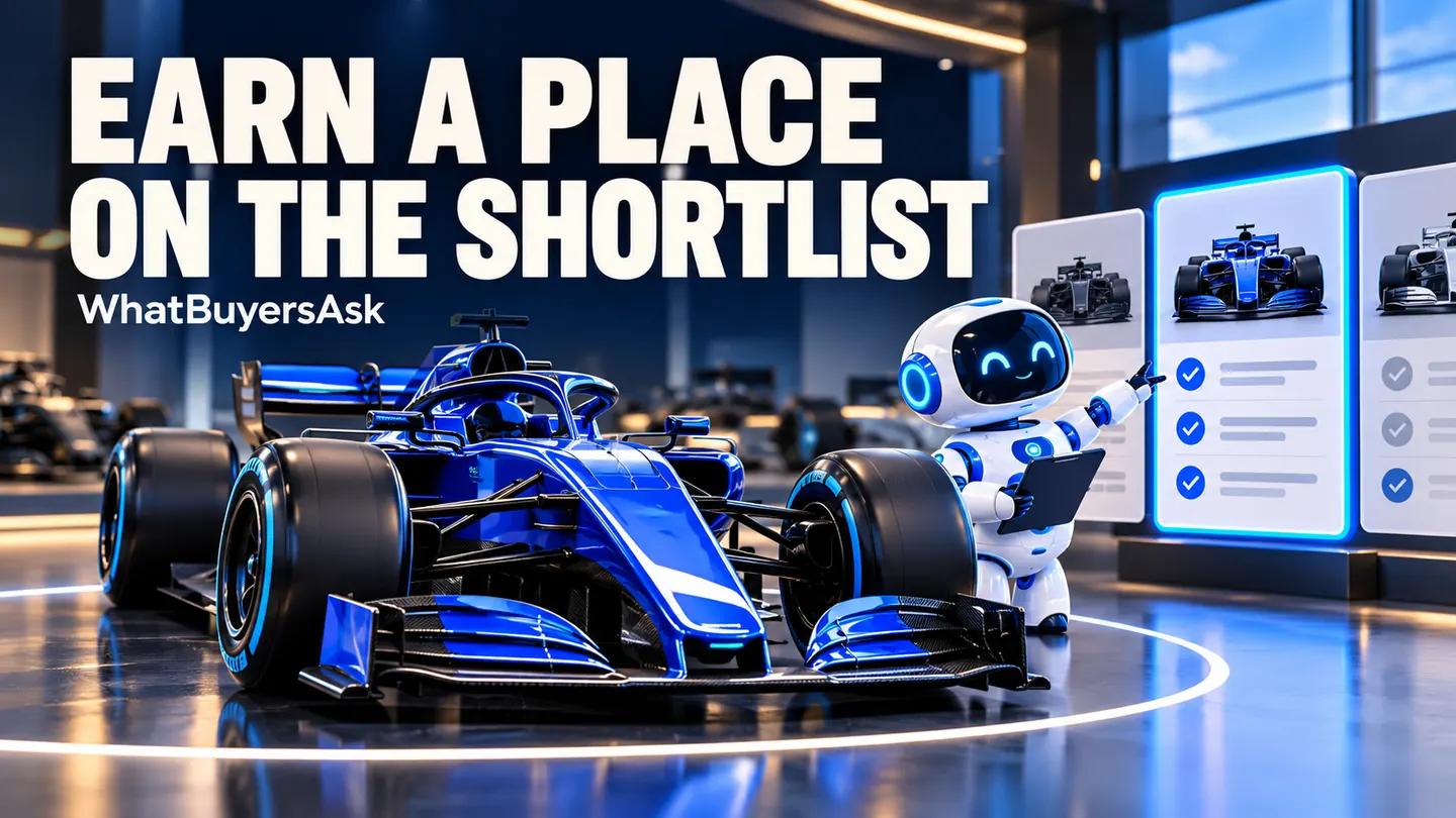 Earn a place on the shortlist. A cobalt racing car and friendly AI assistant illustrate the business decision.