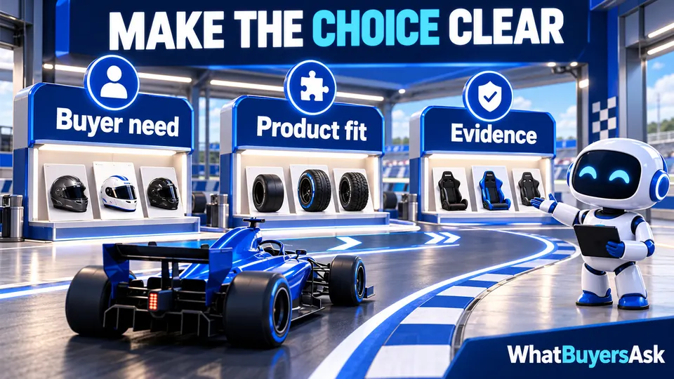 Make the choice clear: Buyer need, Product fit, Evidence. Three racing checkpoints explain the next actions.