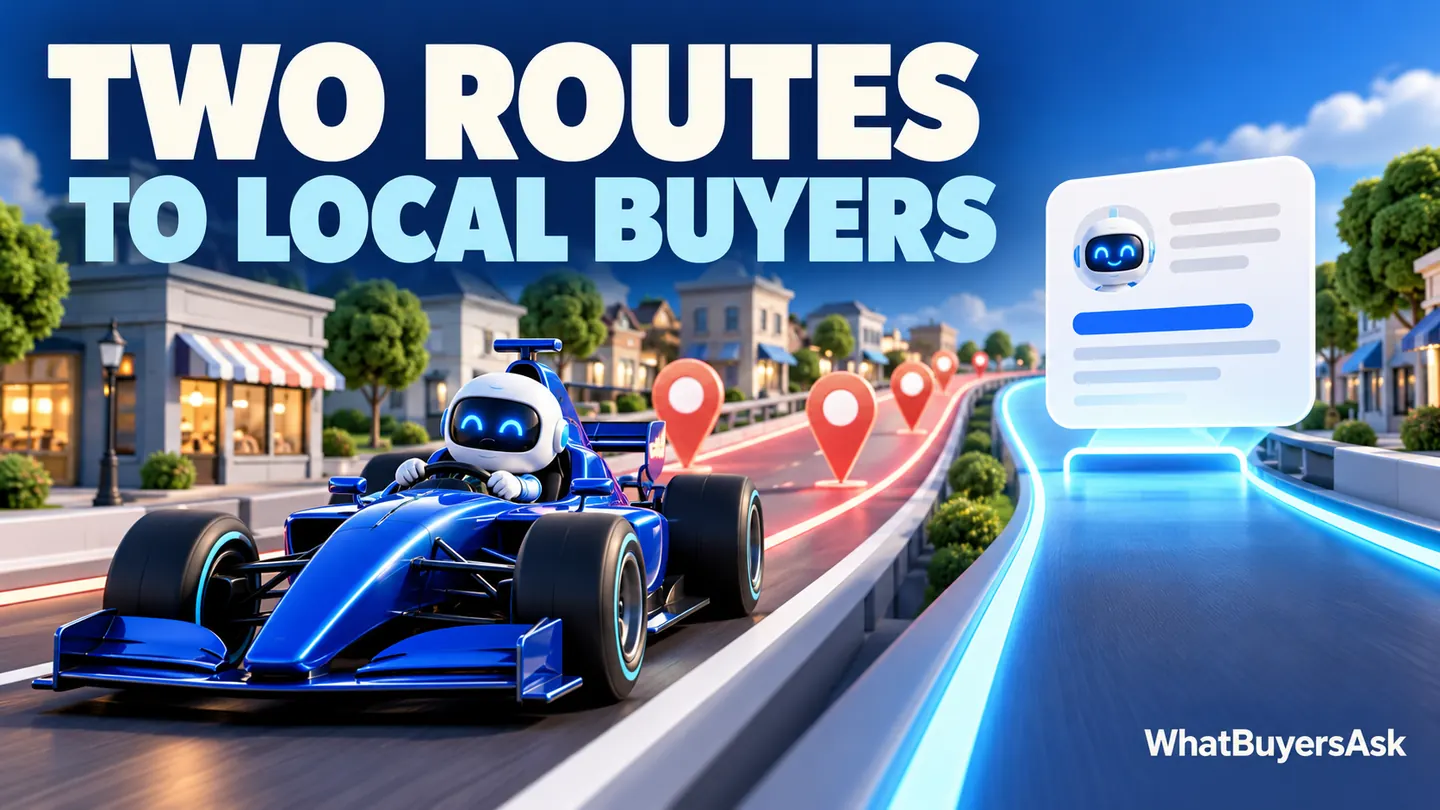 Two routes to local buyers. A cobalt racing car and friendly AI assistant illustrate the business decision.