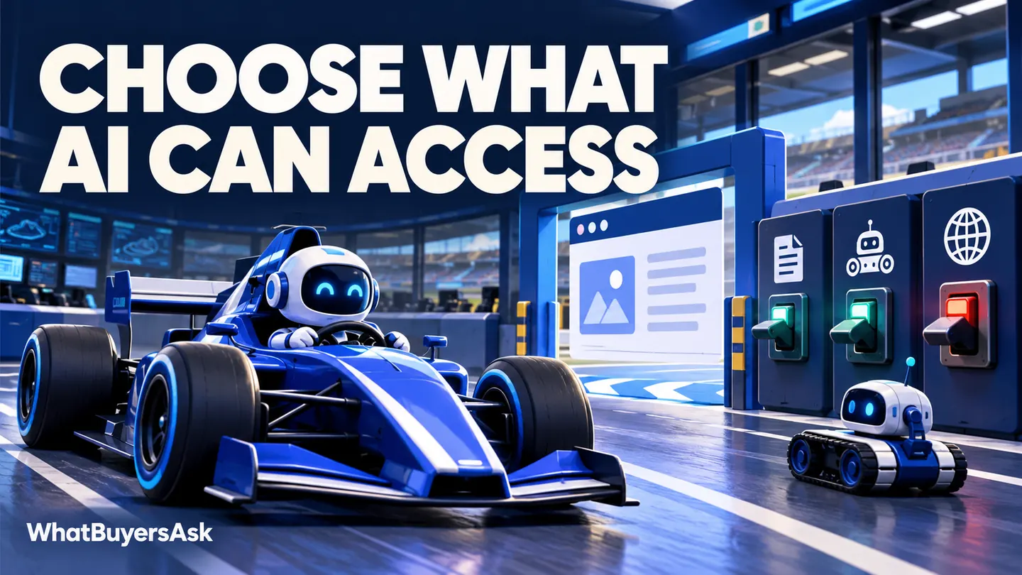 Choose what AI can access. A cobalt racing car and friendly AI assistant illustrate the business decision.