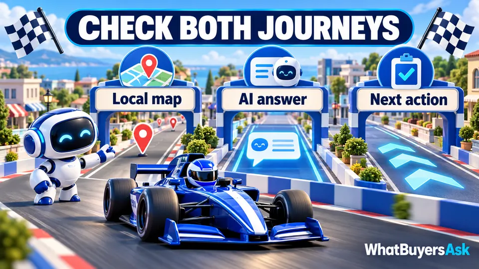 Check both journeys: Local map, AI answer, Next action. Three racing checkpoints explain the next actions.