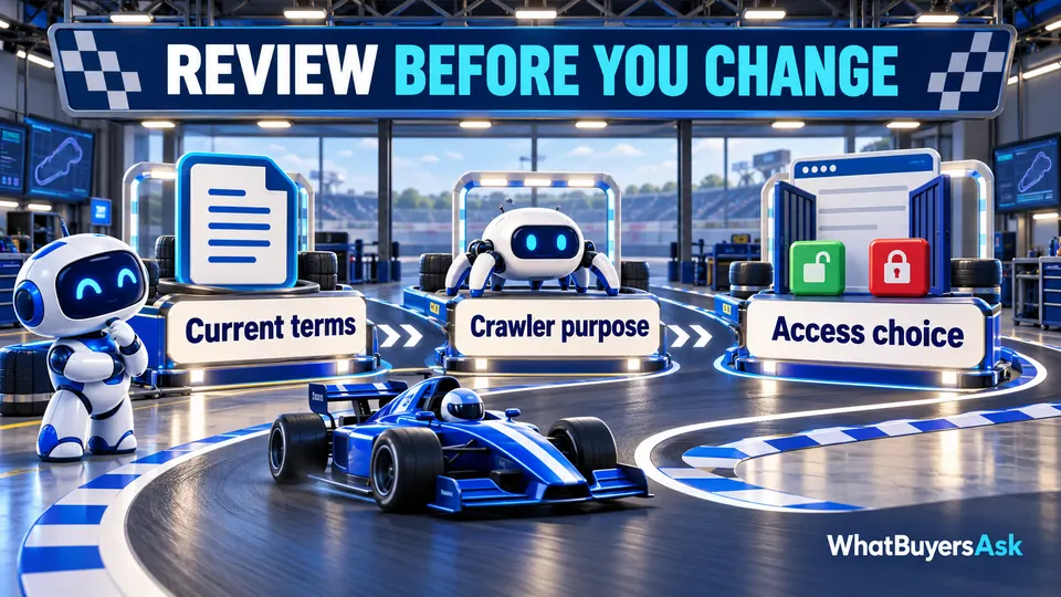 Review before you change: Current terms, Crawler purpose, Access choice. Three racing checkpoints explain the next actions.