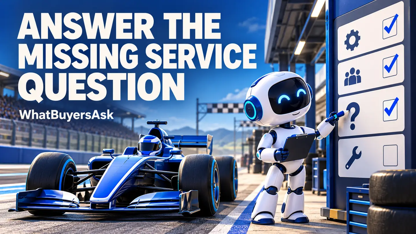 Answer the missing service question. A cobalt racing car and friendly AI assistant illustrate the business decision.