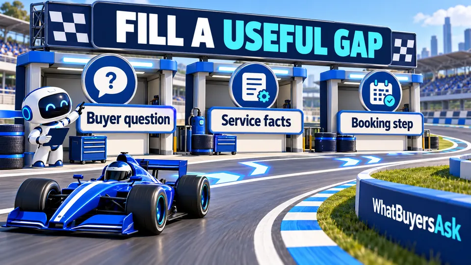 Fill a useful gap: Buyer question, Service facts, Booking step. Three racing checkpoints explain the next actions.