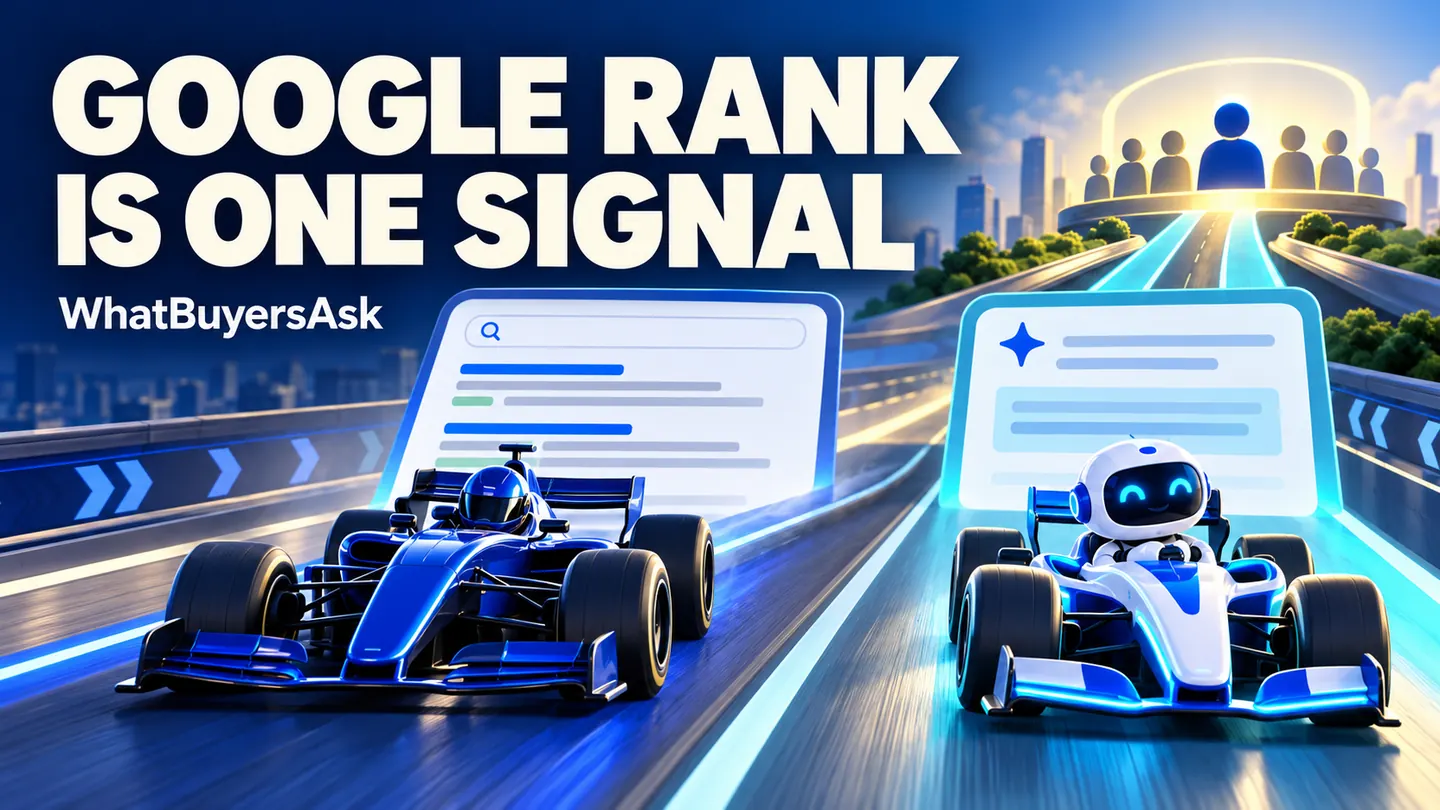 Google rank is one signal. A cobalt racing car and friendly AI assistant illustrate the business decision.