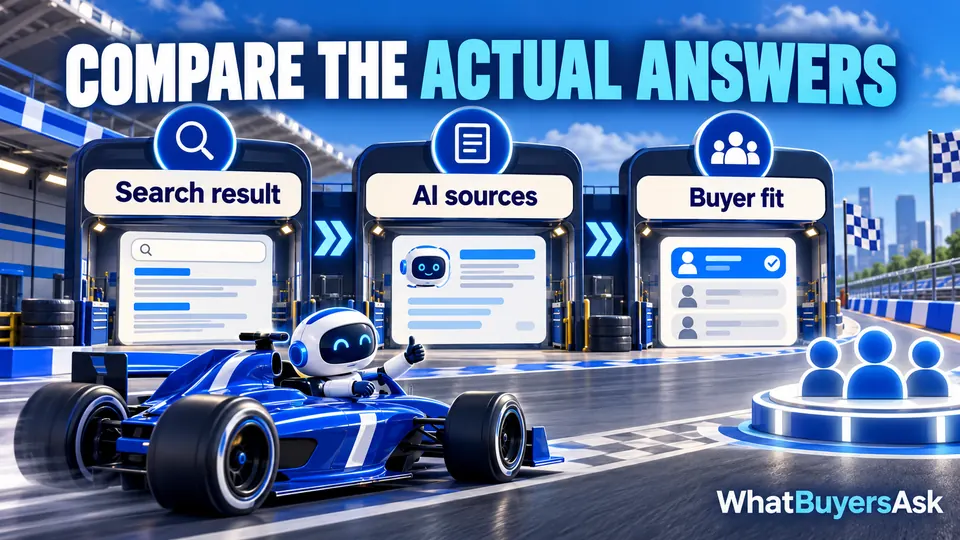 Compare the actual answers: Search result, AI sources, Buyer fit. Three racing checkpoints explain the next actions.