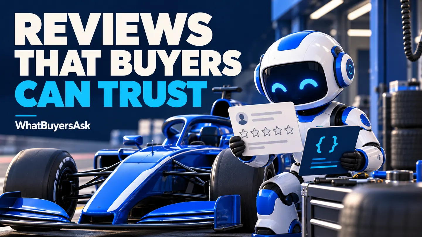Reviews that buyers can trust. A cobalt racing car and friendly AI assistant illustrate the business decision.