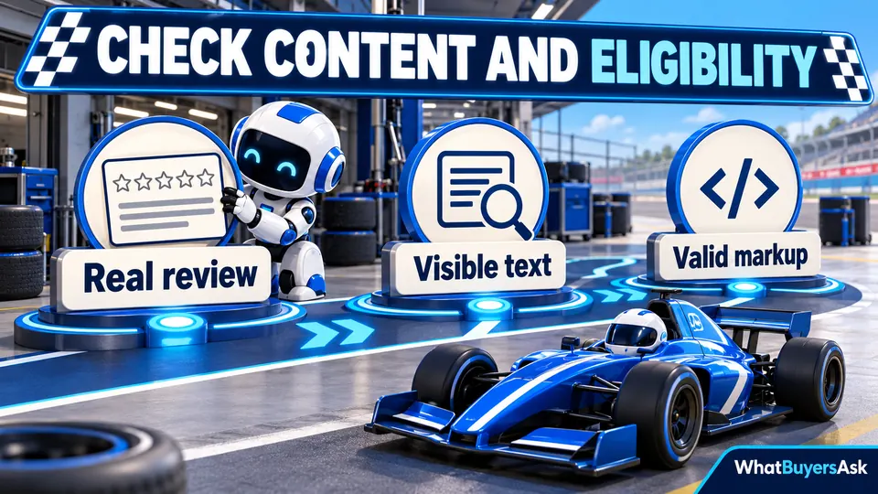 Check content and eligibility: Real review, Visible text, Valid markup. Three racing checkpoints explain the next actions.