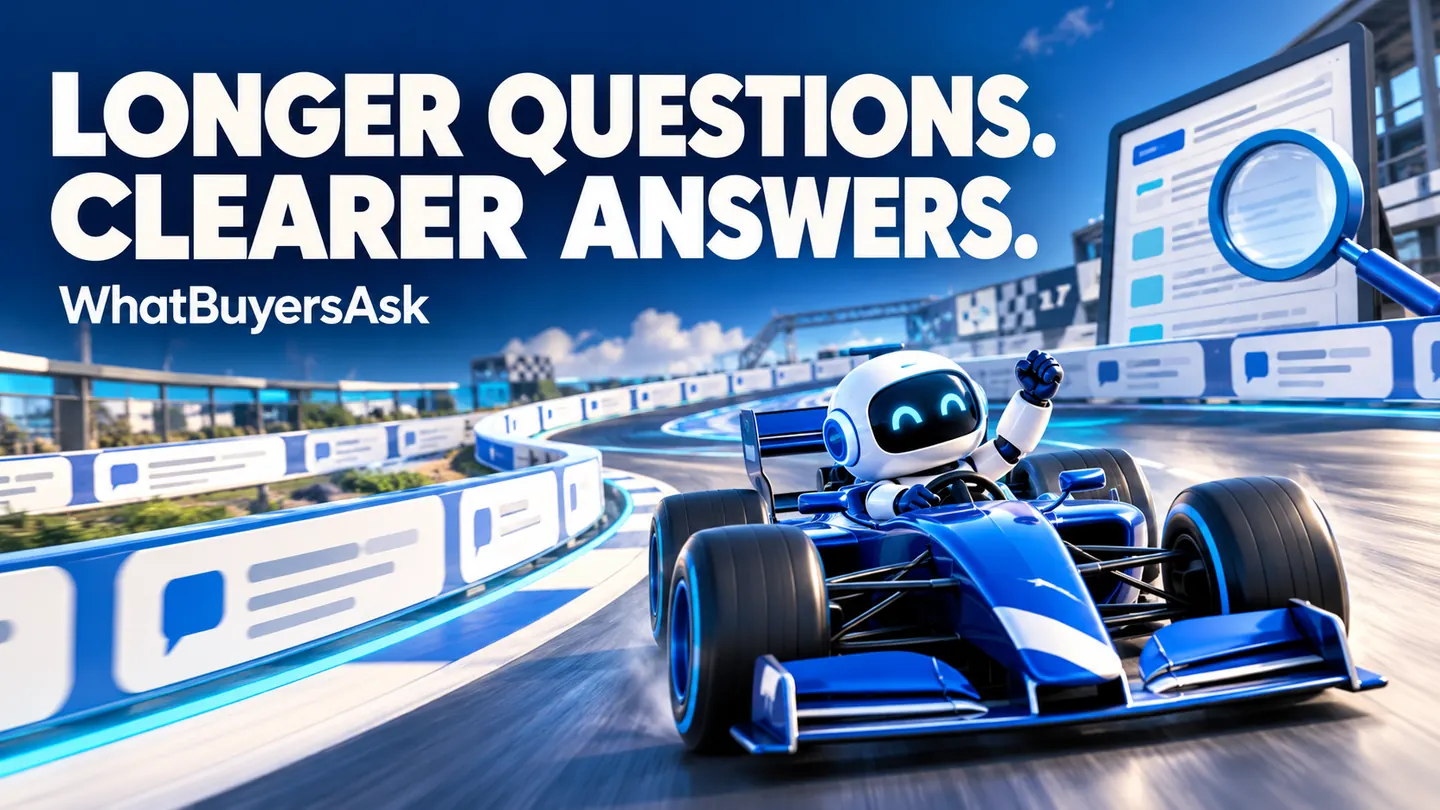 Longer questions. clearer answers.. A cobalt racing car and friendly AI assistant illustrate the business decision.