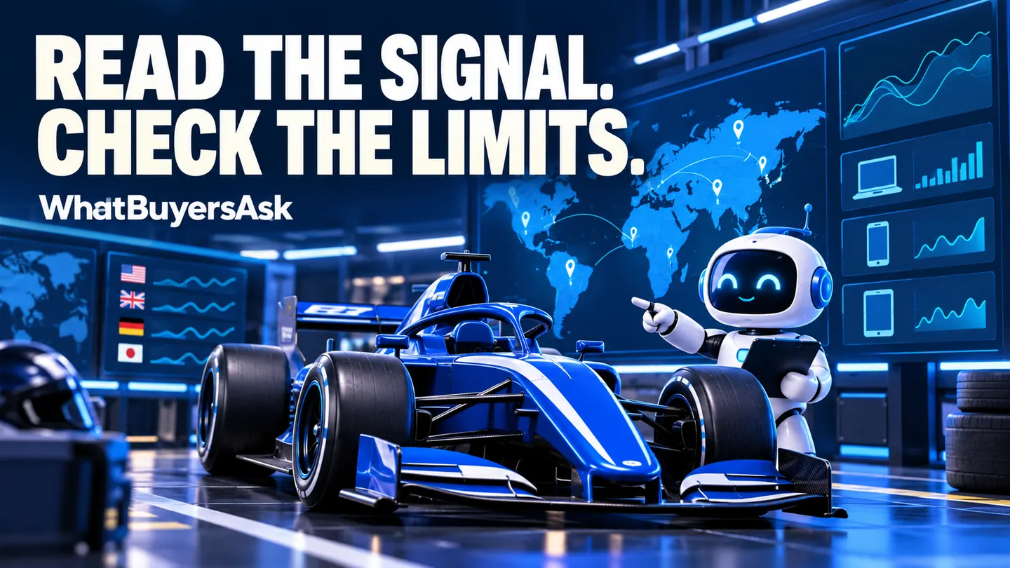 Read the signal. check the limits.. A cobalt racing car and friendly AI assistant illustrate the business decision.