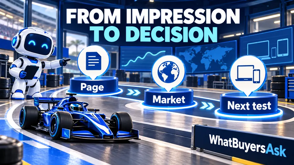 From impression to decision: Page, Market, Next test. Three racing checkpoints explain the next actions.
