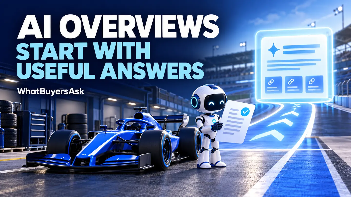 A blue racing car and an AI assistant beside a useful answer document and source links.