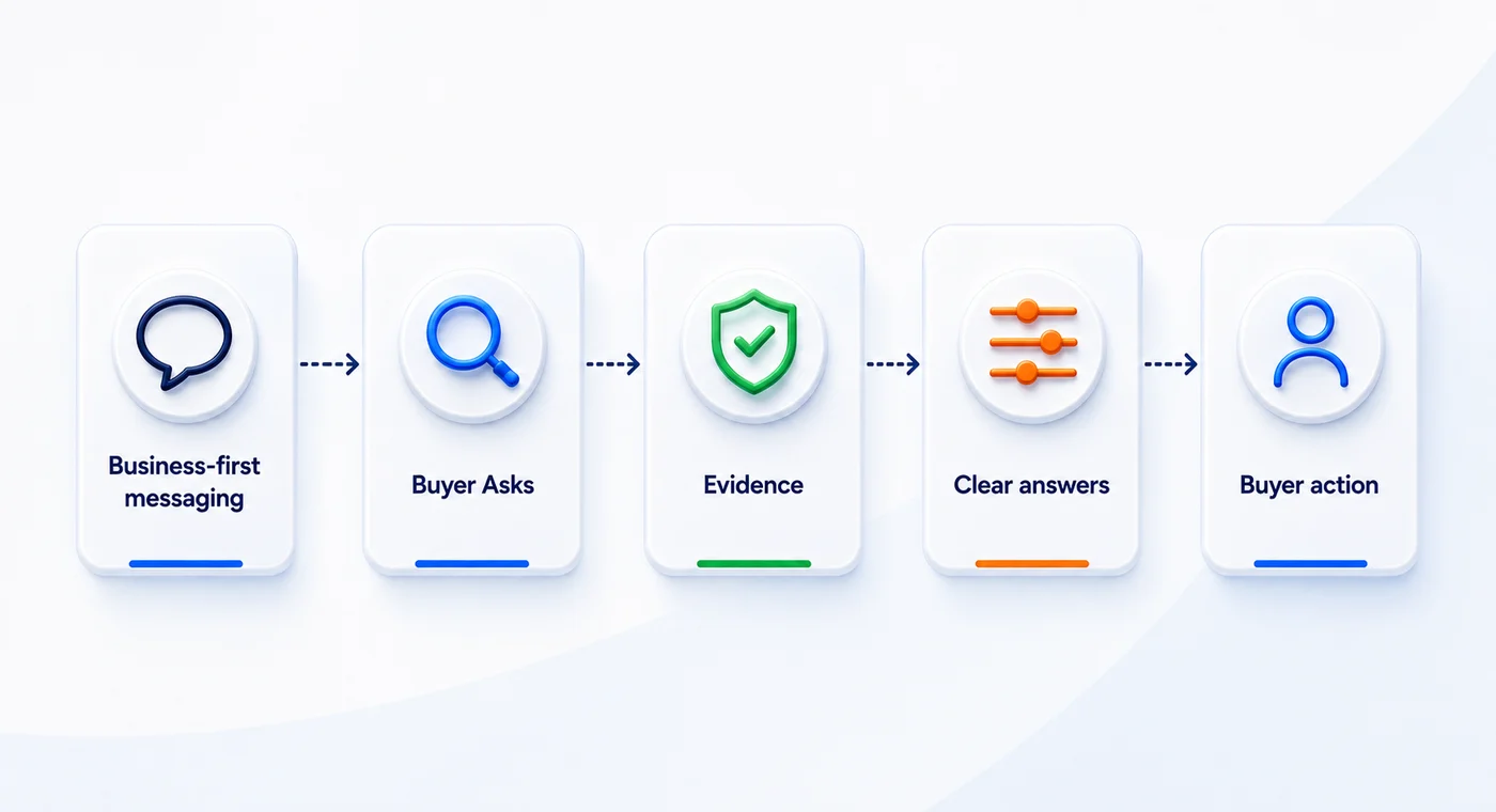 Five-stage journey from business-first messaging through Buyer Asks, evidence and clear answers to buyer action