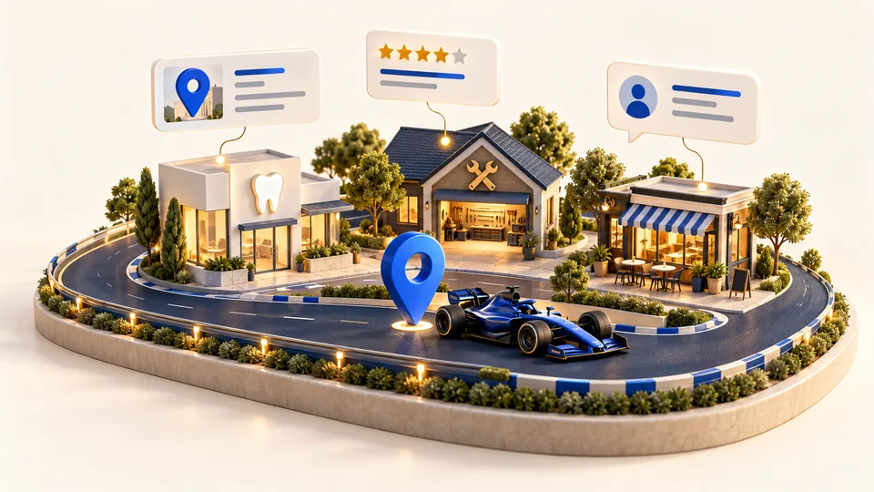 Illustration of local shops, a map pin and cards for directory listings, reviews and customer feedback.