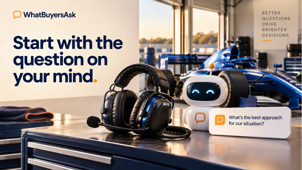 Start with the question on your mind. A premium pit-lane radio headset beside a friendly generic chatbot conversation, a business question card and a stationary cobalt race car in a calm garage. Warm inviting atmosphere.