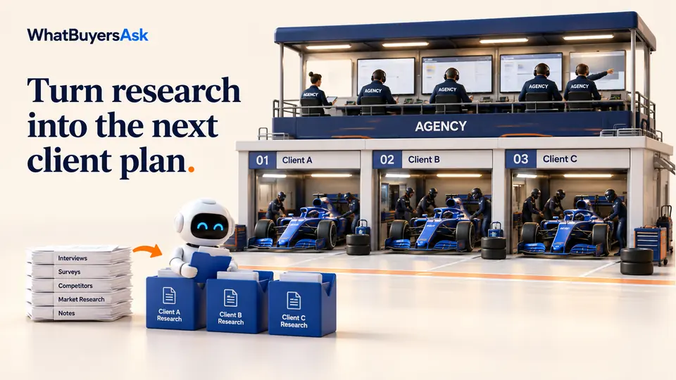 Turn research into the next client plan. An elegant agency pit wall oversees three visibly separate client garages with a single cobalt race car in each. A generic AI assistant helps organise source documents and private report folders.