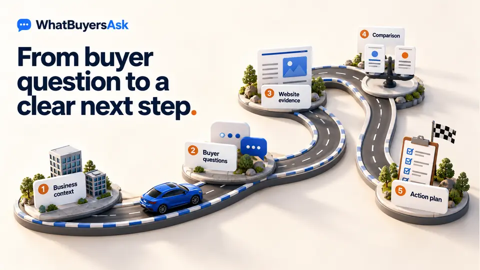 From buyer question to a clear next step. A flowing miniature racetrack joins five symbolic checkpoints: business context, buyer questions, website evidence, comparison and a finished action plan. One cobalt car and generic chatbot bubbles.
