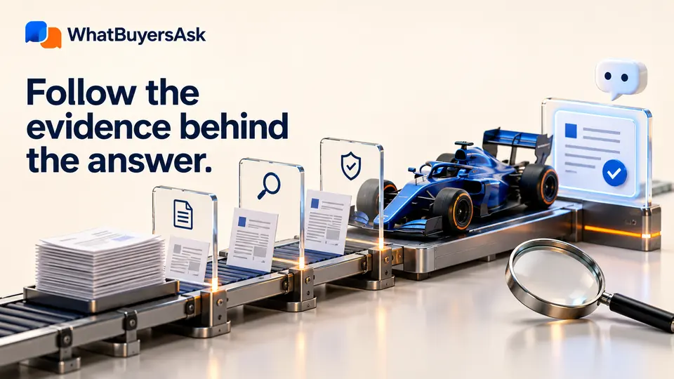 Follow the evidence behind the answer. A precision inspection bay for a cobalt race car. Source documents pass through transparent inspection checkpoints into a clear answer card, with magnifying lens and small chatbot bubble. No numerical scores.
