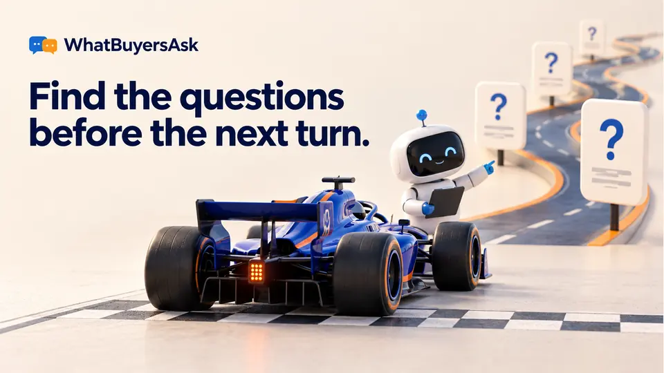Find the questions before the next turn. A cobalt race car waits at a starting grid while a generic chat assistant and research cards reveal the route ahead. Cards use simple question-mark symbols.