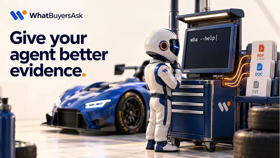 Give your agent better evidence. A sophisticated racing pit-wall terminal beside a cobalt car, generic AI agent chat and linked source documents. On terminal show only the exact command wba --help. No other code or metrics.